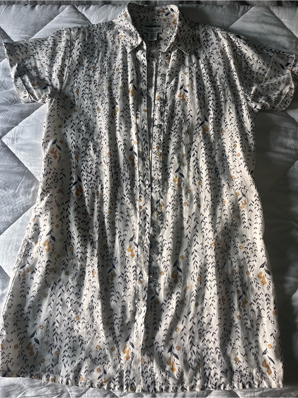 Rachel Zoe Cream Linen Shirt Dress with Navy and Mustard Floral Print